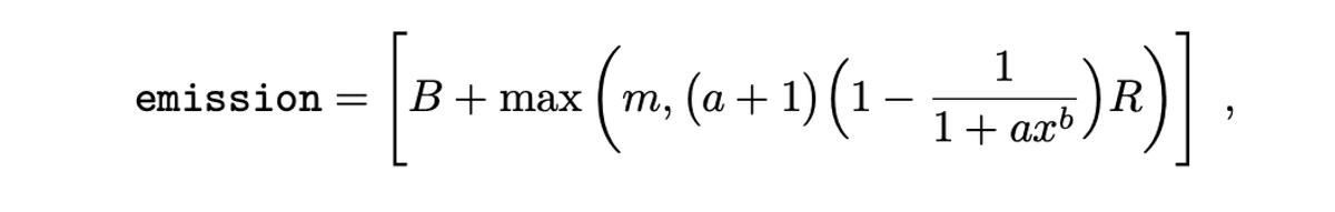 Block emission formula showing R = B + (1-m)(ax^b)